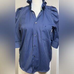 Classic Navy Button-Down Shirt with Ruffled Collar